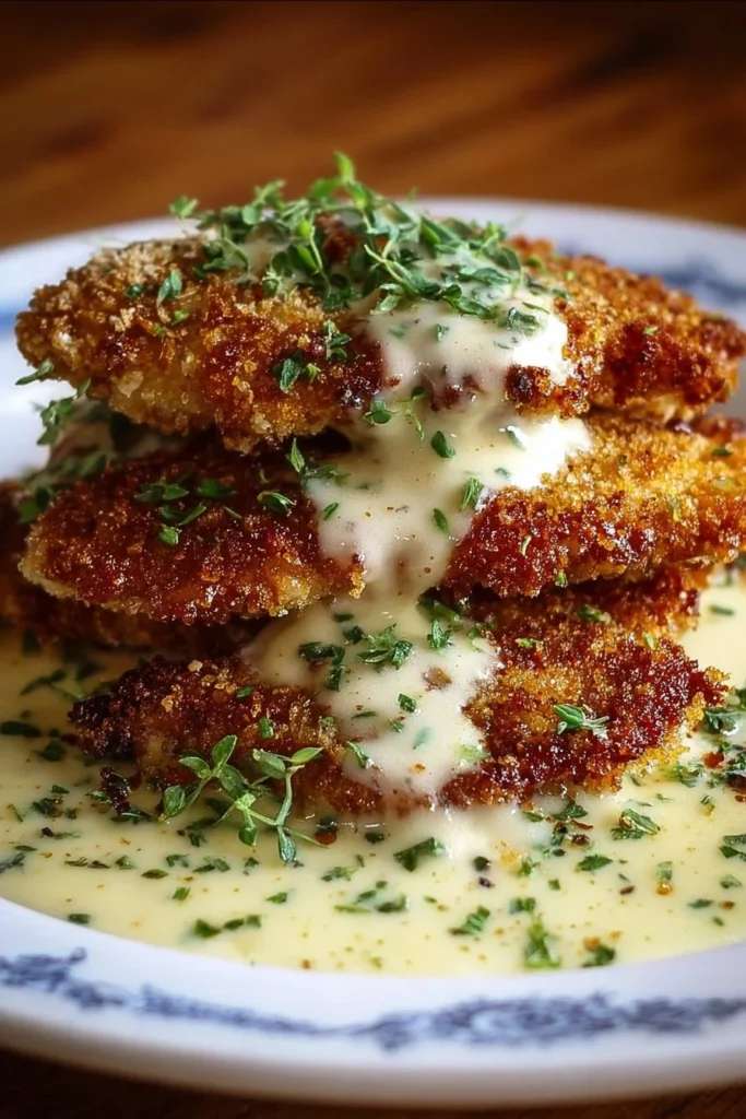 Plate of crispy Parmesan chicken topped with garlic cream sauce.