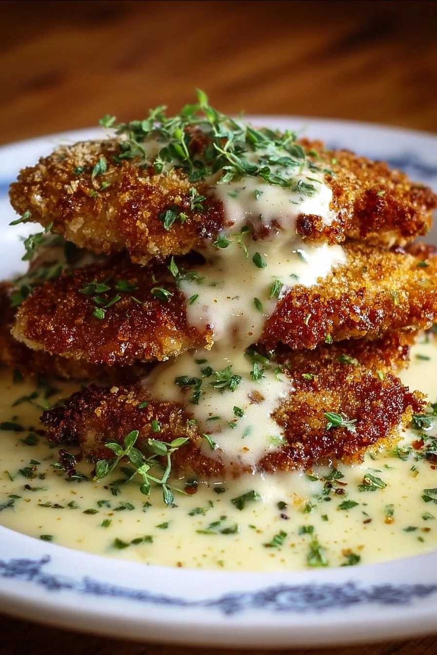 Plate of crispy Parmesan chicken topped with garlic cream sauce.