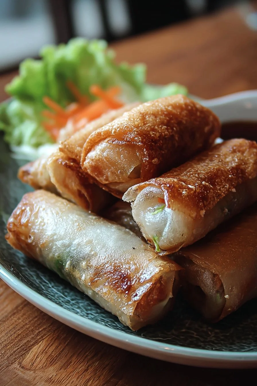 Crispy rice paper spring rolls filled with fresh vegetables and herbs