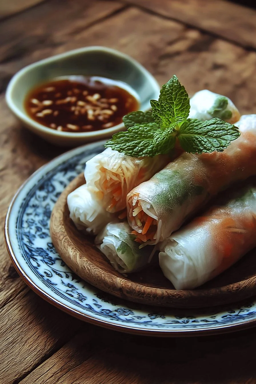 Crispy rice paper spring rolls filled with fresh vegetables and herbs