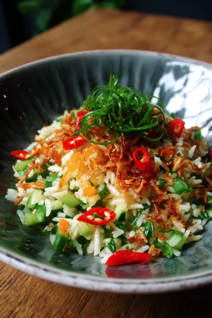 Delicious Crispy Rice Salad with fresh vegetables and zesty dressing