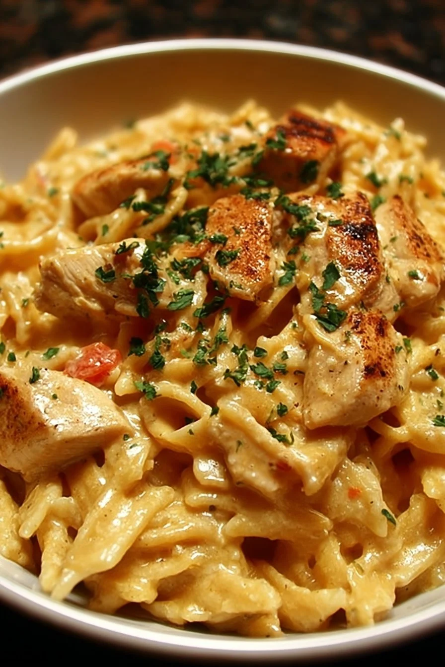 Bowl of Crock Pot Creamy Cajun Chicken Pasta with vibrant sauce and chicken pieces.