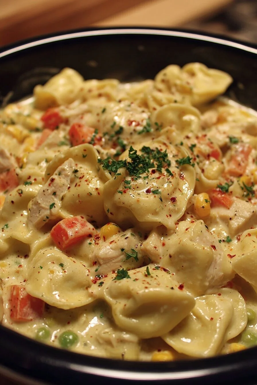 Delicious Crockpot Cheddar Chicken Pot Pie with Tortellini served in a dish