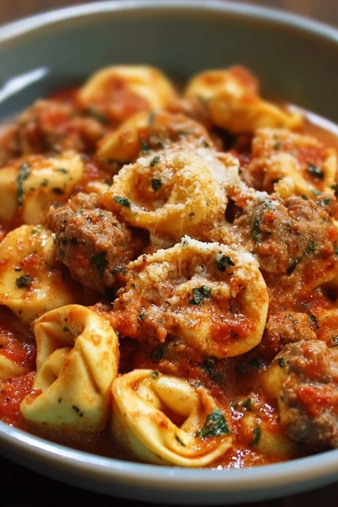 Crockpot cheese tortellini with Italian sausage served in a bowl.