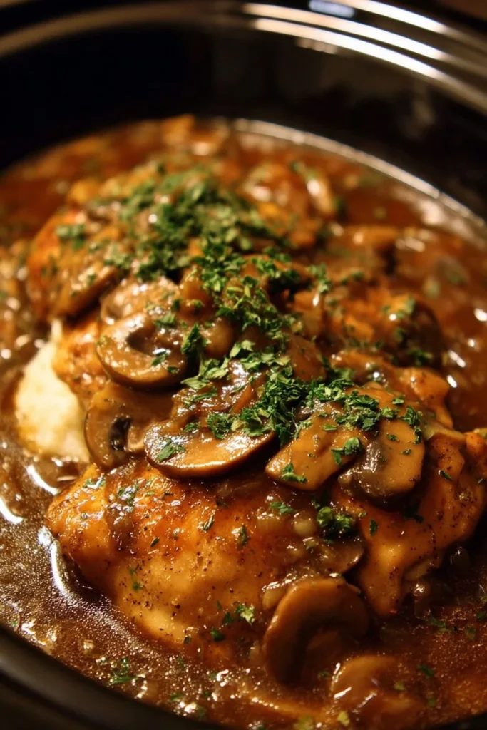 Delicious Crockpot Chicken Marsala served with herbs and wine sauce