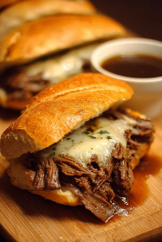 Delicious Crockpot French Dip sandwich with tender beef and savory broth.