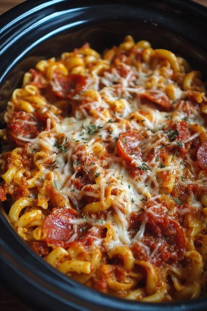 Crockpot Pizza Pasta with cheese, pepperoni, and pasta in a bowl