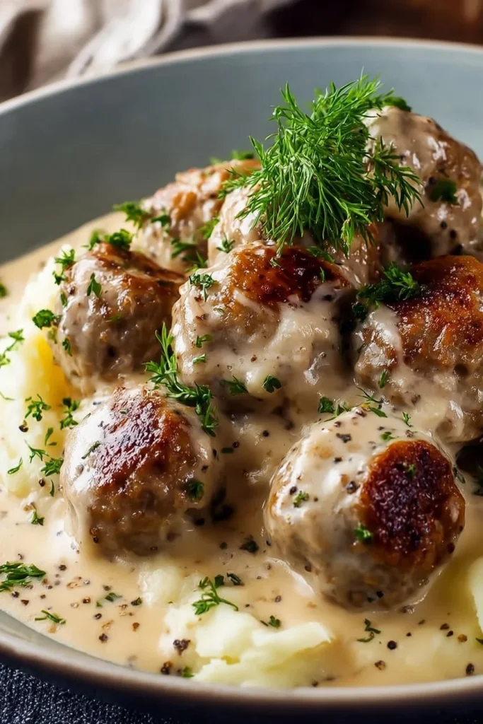 Delicious Crockpot Swedish Meatballs served with creamy gravy