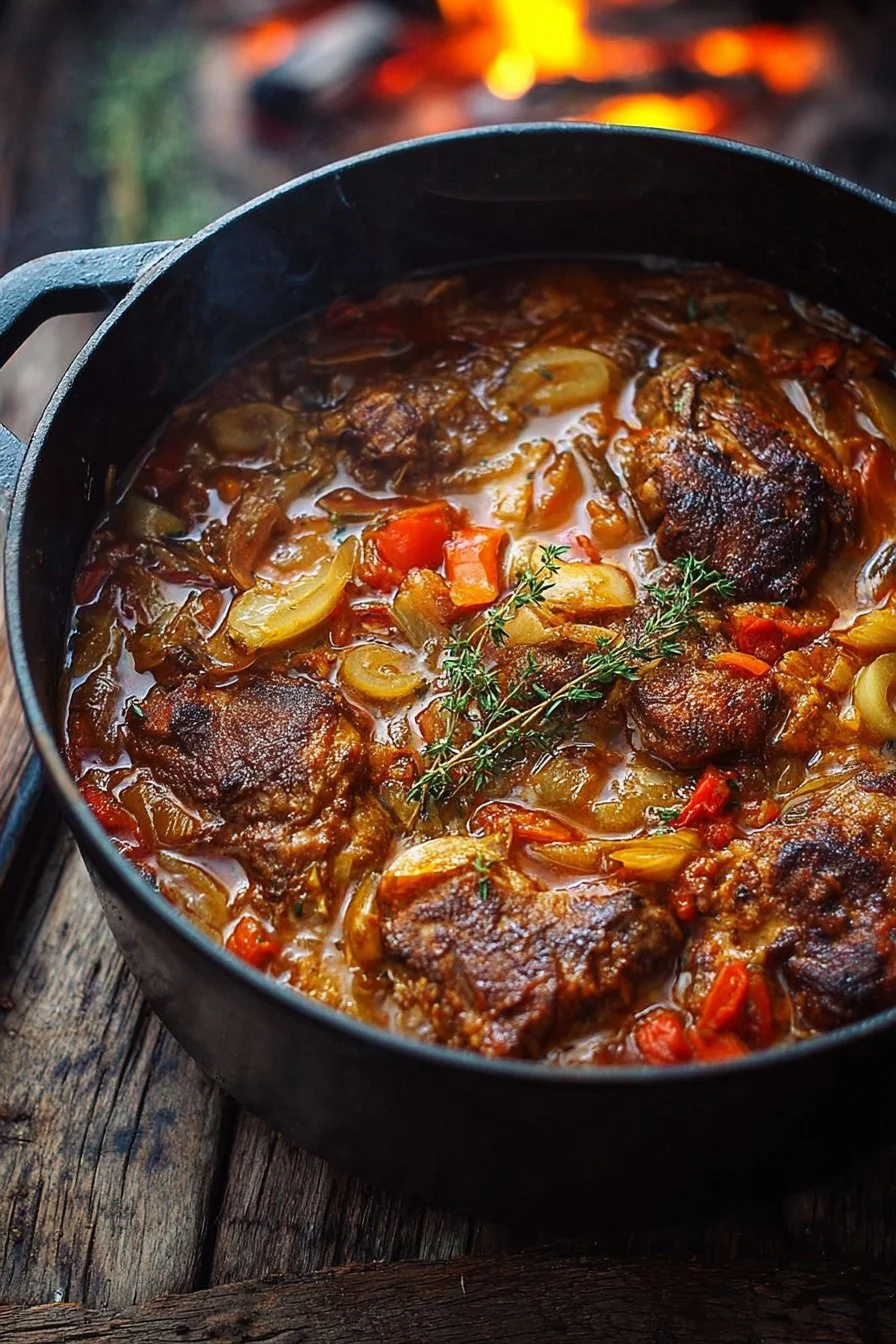 Delicious Dutch Oven braised dish with tender meat and vegetables.