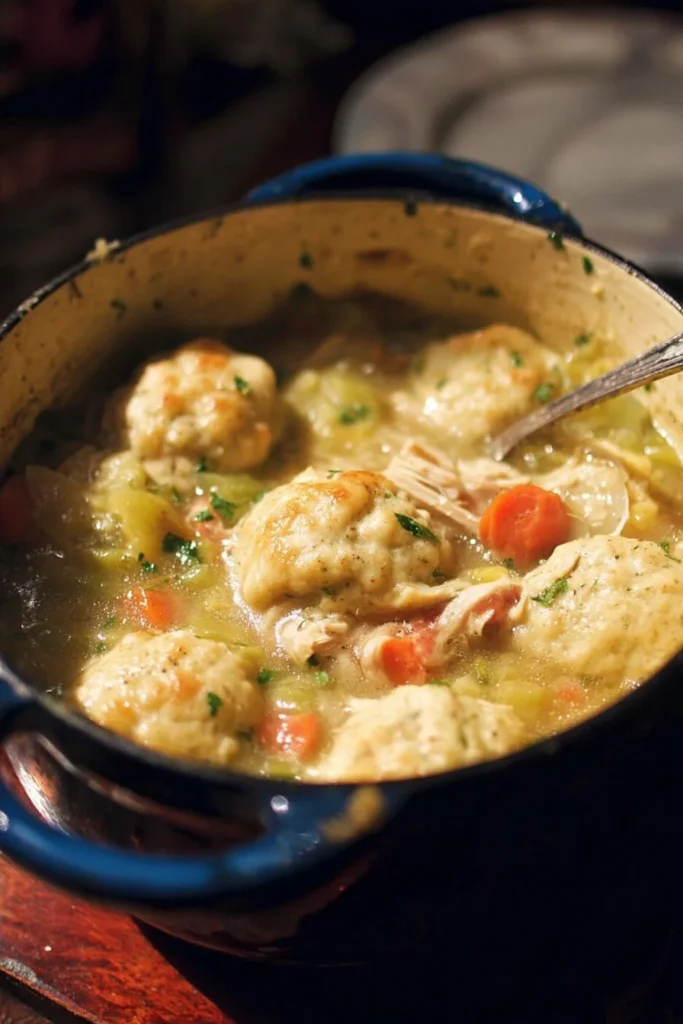 Delicious Dutch Oven Chicken and Dumplings in a rustic bowl
