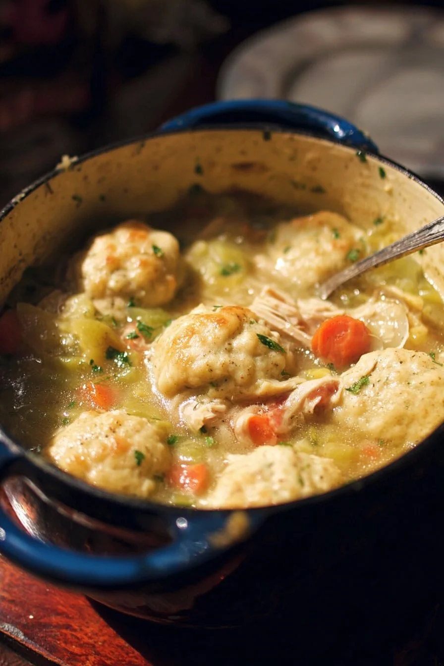 Delicious Dutch Oven Chicken and Dumplings in a rustic bowl