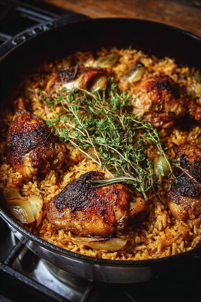 Delicious Dutch Oven Chicken and Rice cooked to perfection