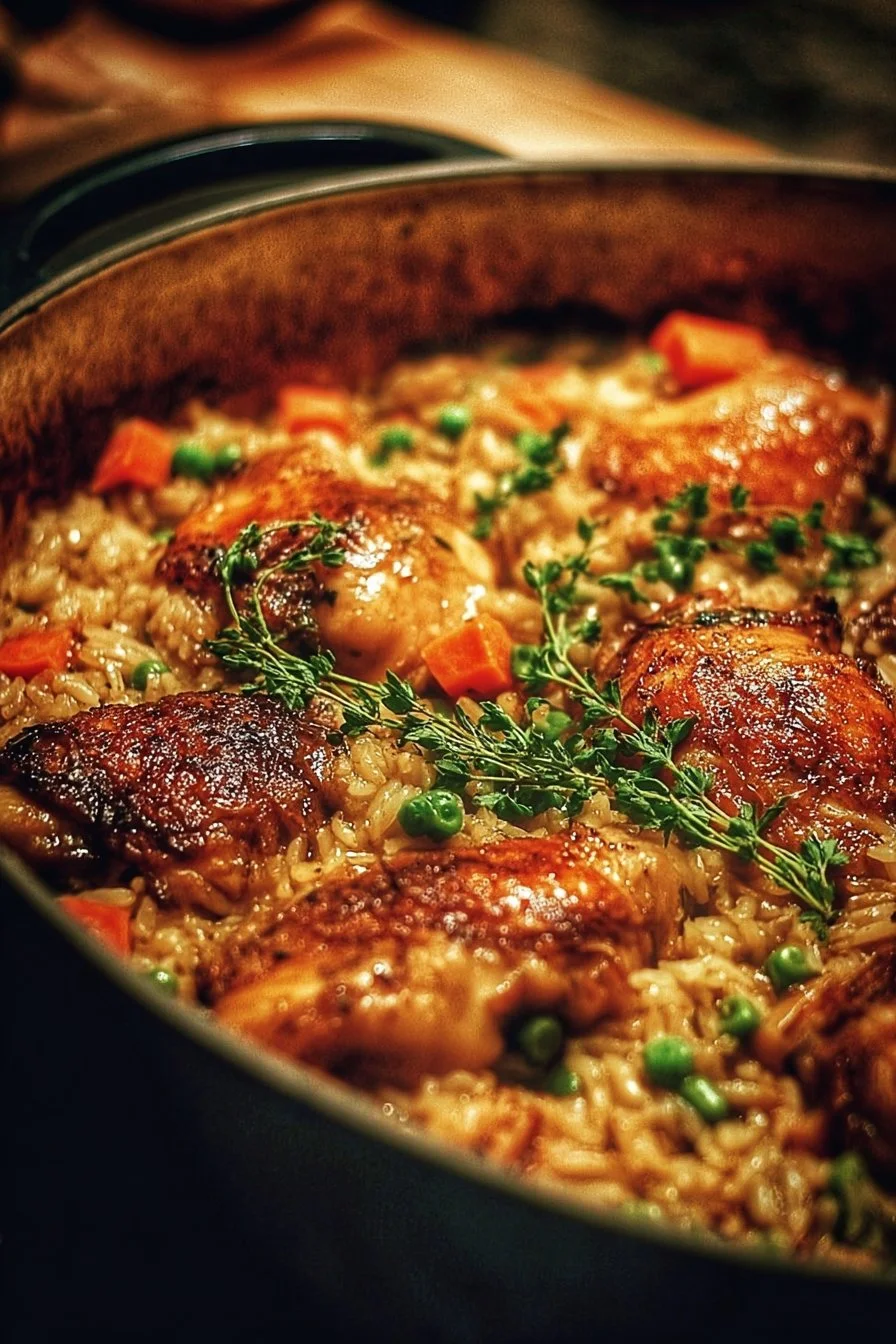 Dutch Oven Chicken and Rice dish with vegetables and herbs