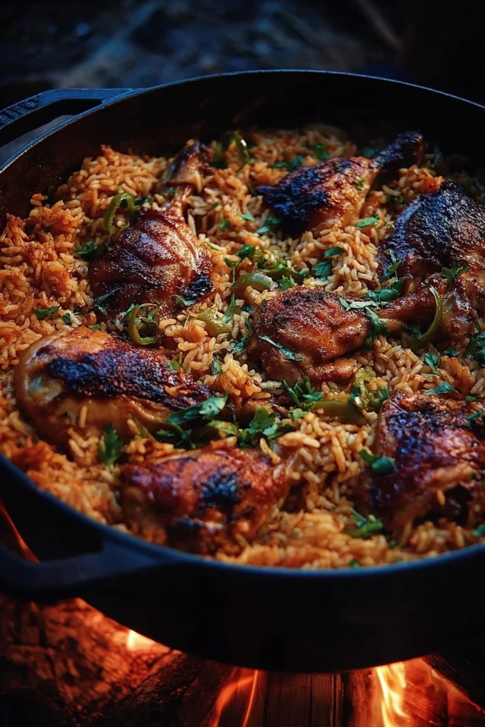 Delicious Dutch Oven Chicken and Rice served in a cast iron pot