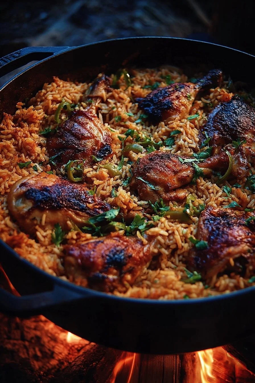 Delicious Dutch Oven Chicken and Rice served in a cast iron pot