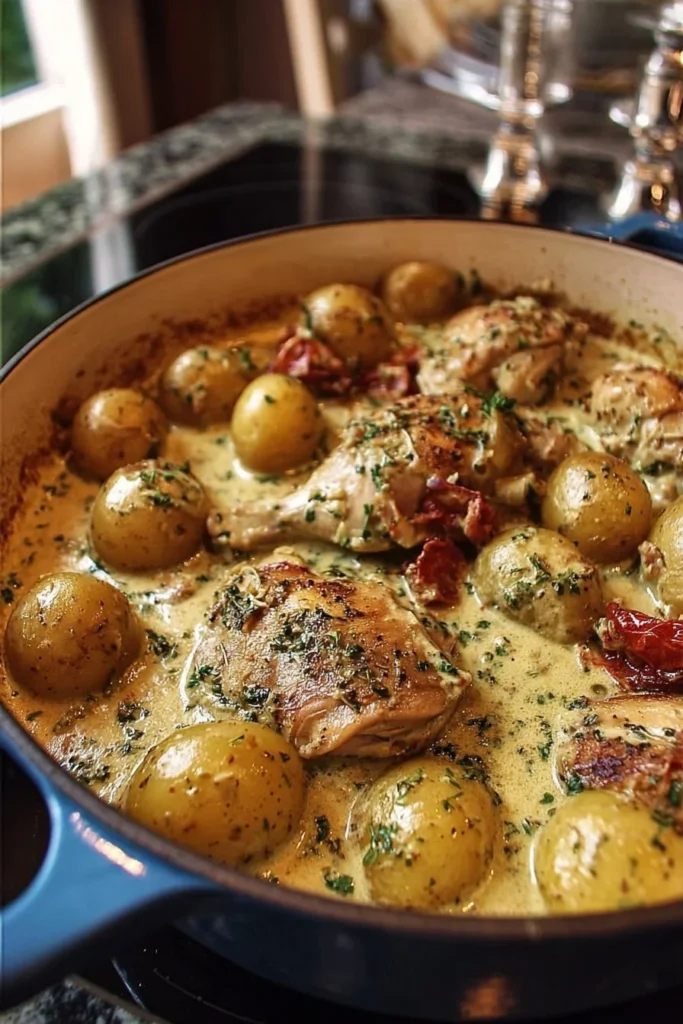 Dish of Dutch Oven Creamy Ranch Chicken and Potatoes served in a bowl