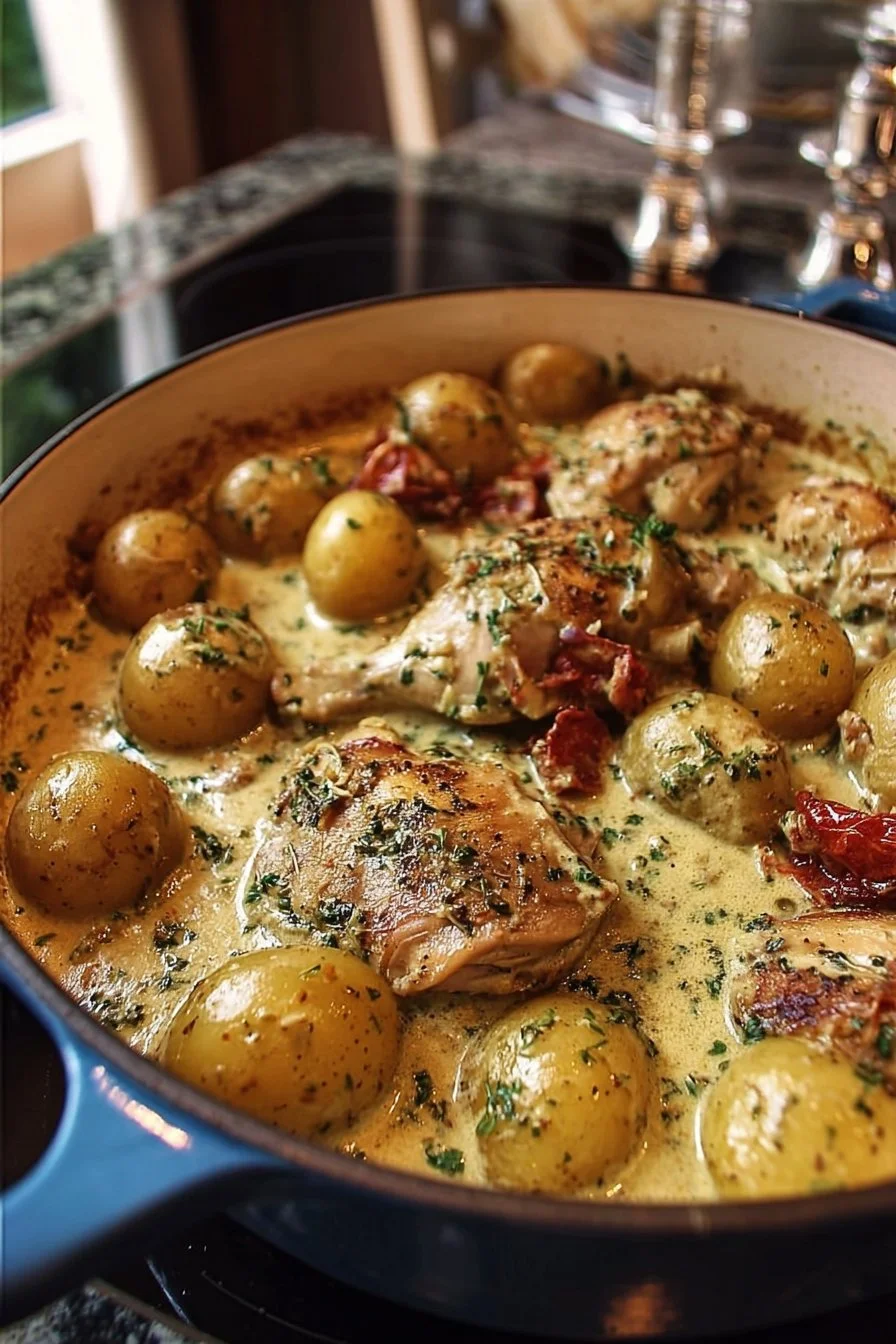 Dish of Dutch Oven Creamy Ranch Chicken and Potatoes served in a bowl