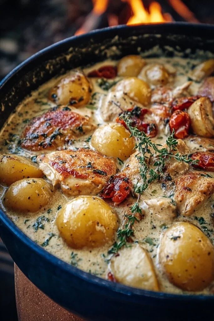 Dutch oven creamy ranch chicken and potatoes dish with herbs and spices