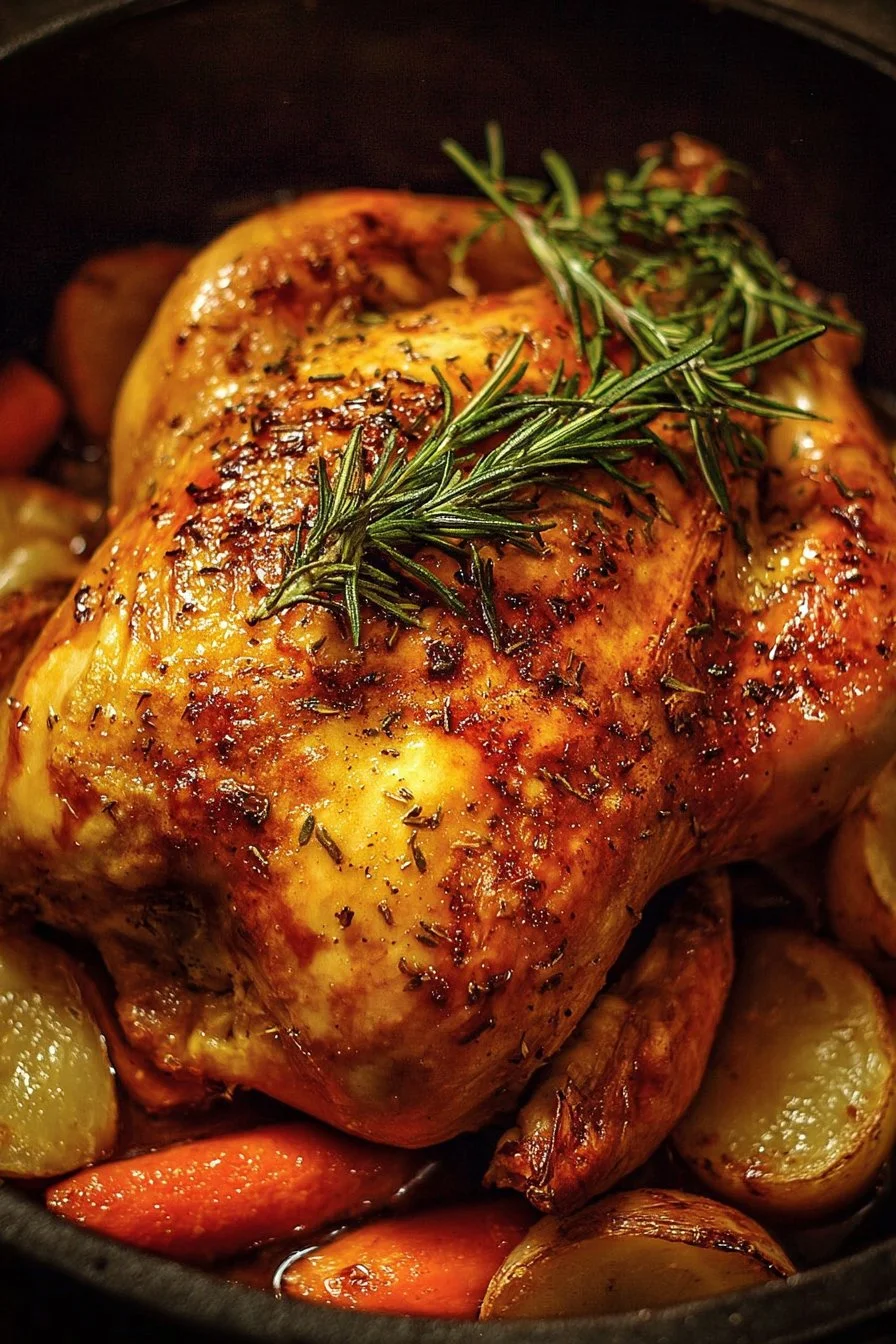 Succulent Dutch Oven Roast Chicken cooked to perfection with herbs and spices.