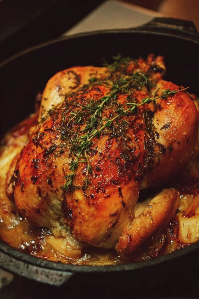 Deliciously roasted chicken in a Dutch oven for a comforting meal.