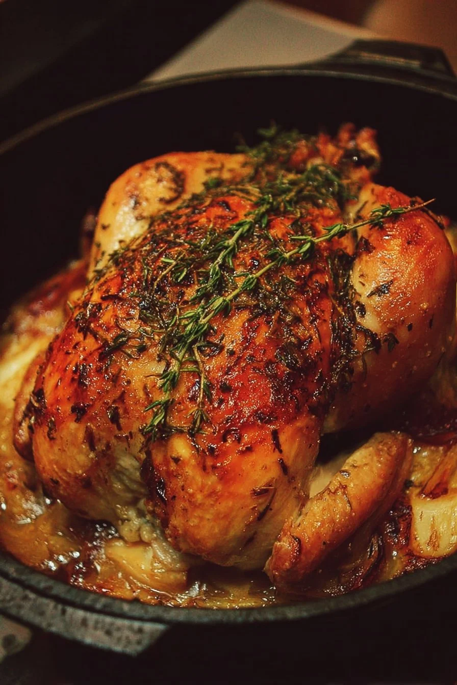 Deliciously roasted chicken in a Dutch oven for a comforting meal.