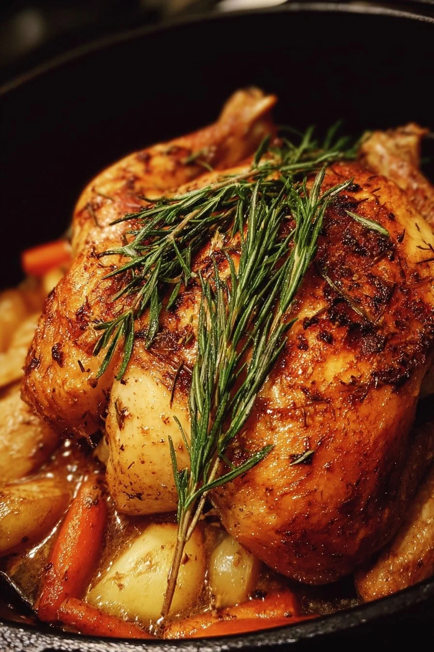 Delicious Dutch Oven roast chicken, golden brown and cooked to perfection
