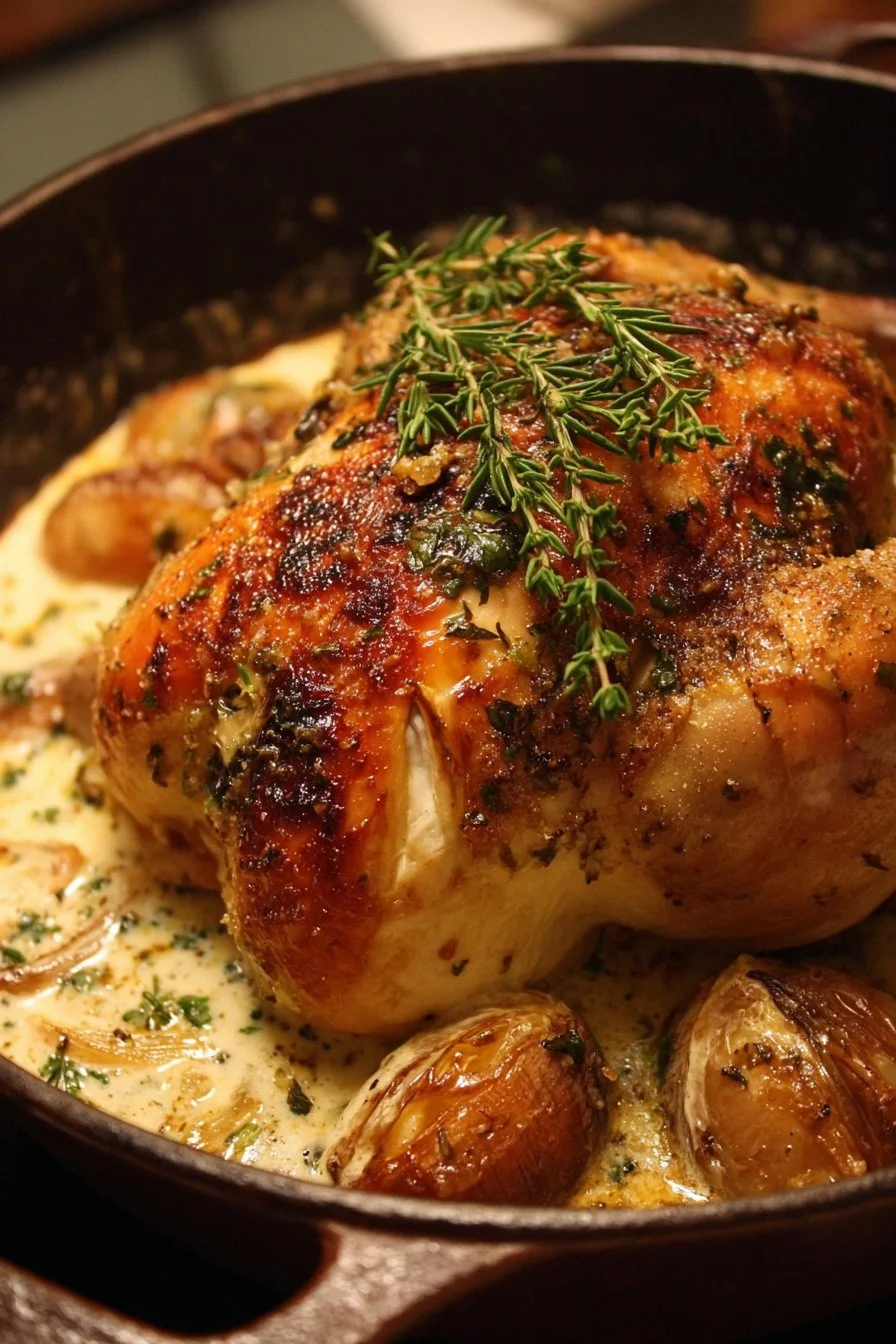 Dutch Oven Roast Chicken with Garlic-Herb Cream Sauce dish