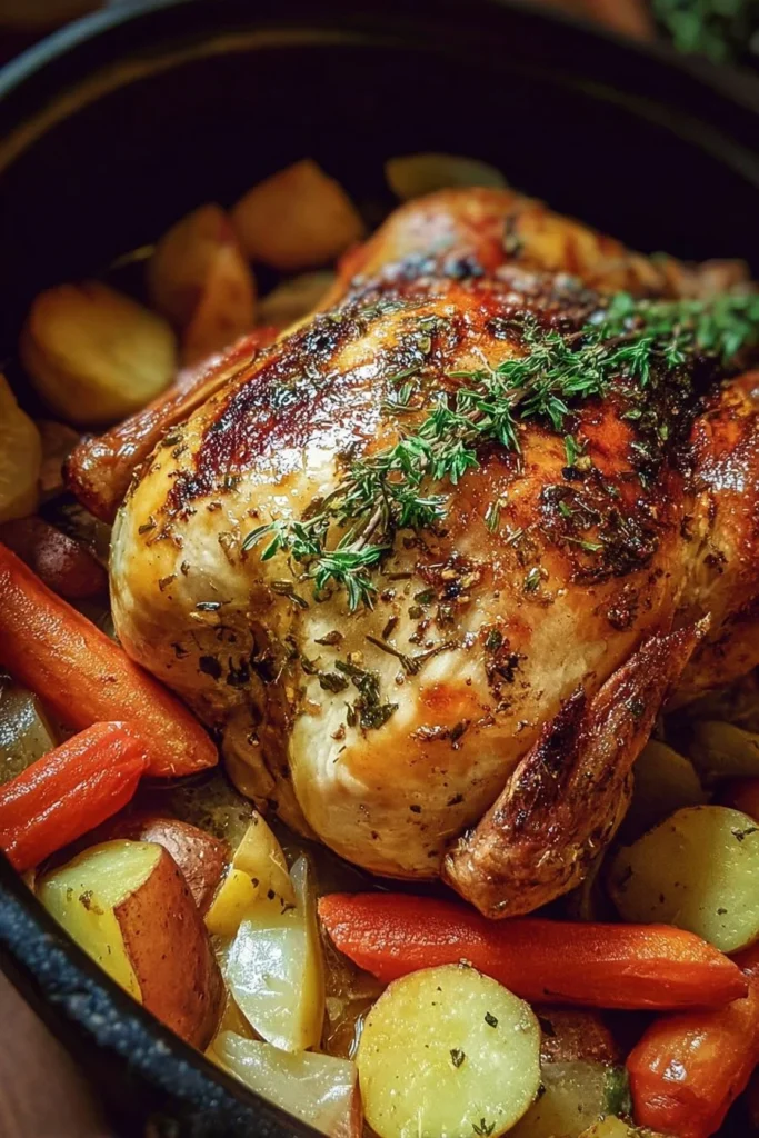 Dutch Oven roast chicken with root vegetables on a rustic table