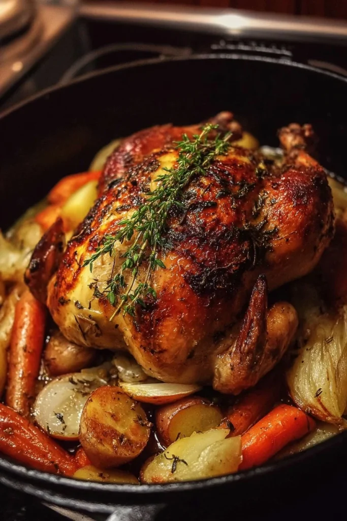 Dutch oven roast chicken with assorted vegetables ready to serve.