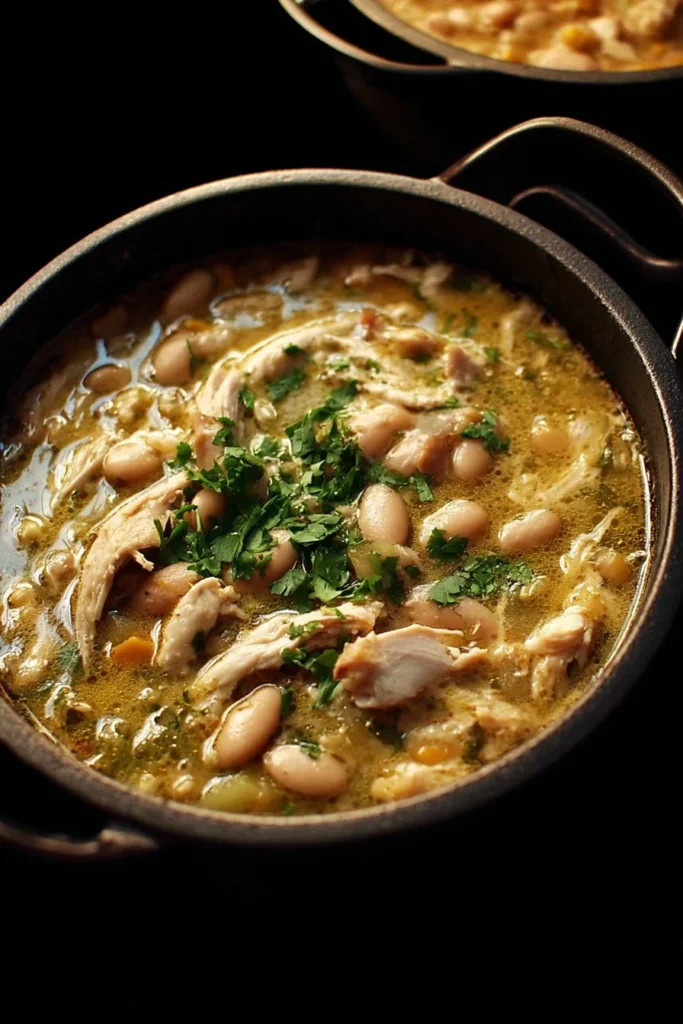 Delicious Dutch Oven White Chicken Chili served in a bowl with toppings