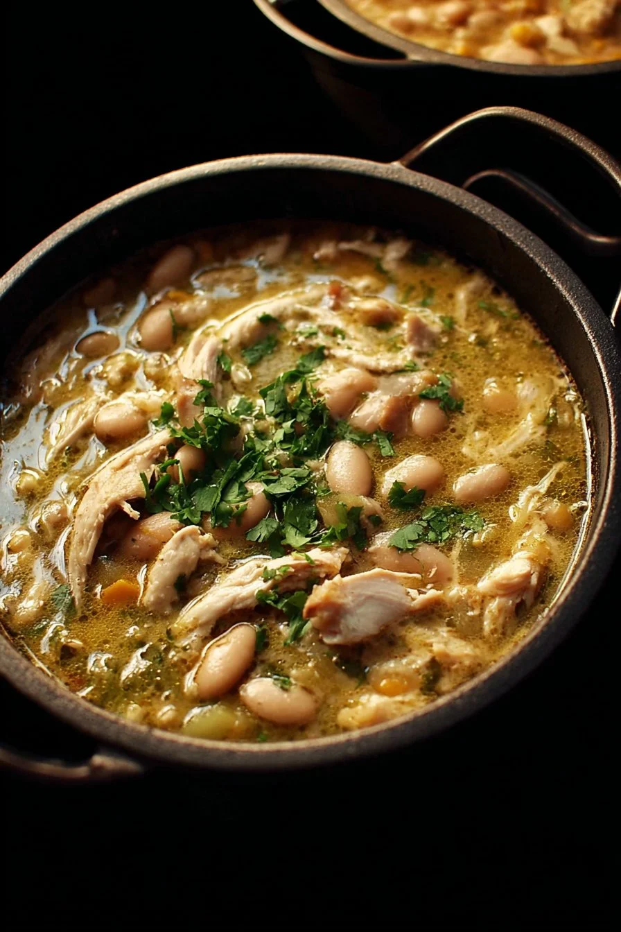 Delicious Dutch Oven White Chicken Chili served in a bowl with toppings