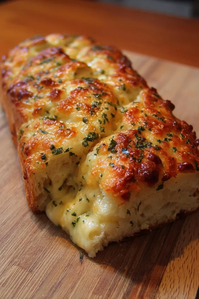 Freshly baked easy cheesy bread with gooey cheese on top