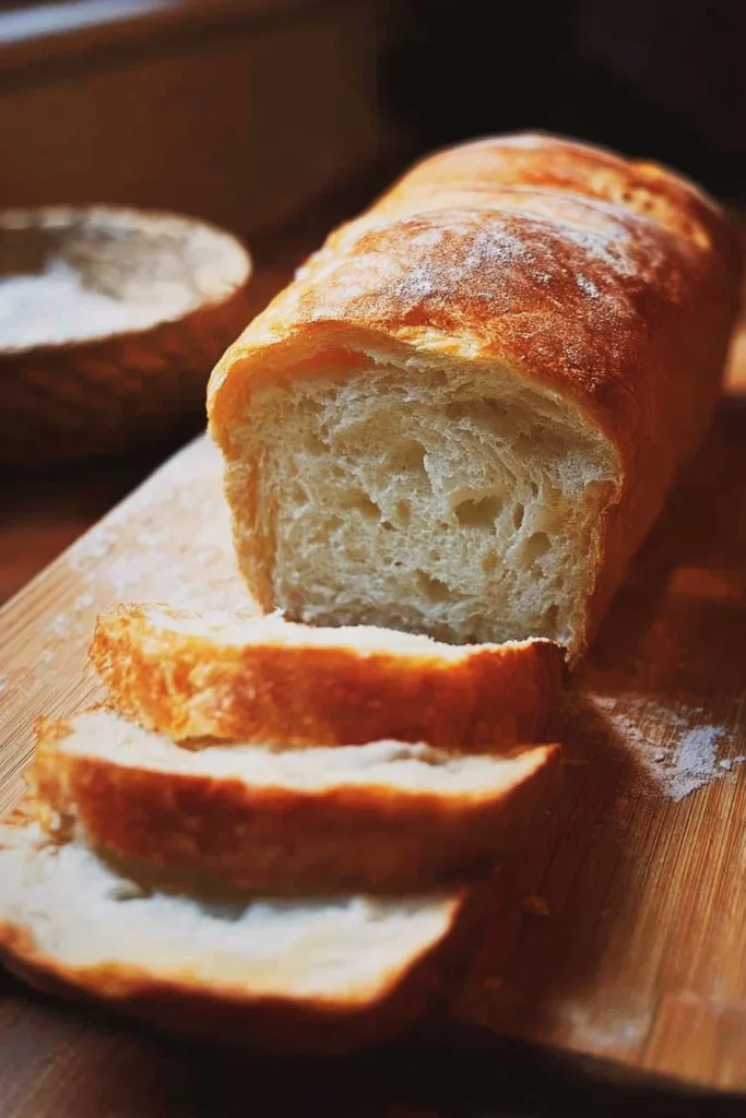 Freshly baked everyday loaf bread on a wooden cutting board.