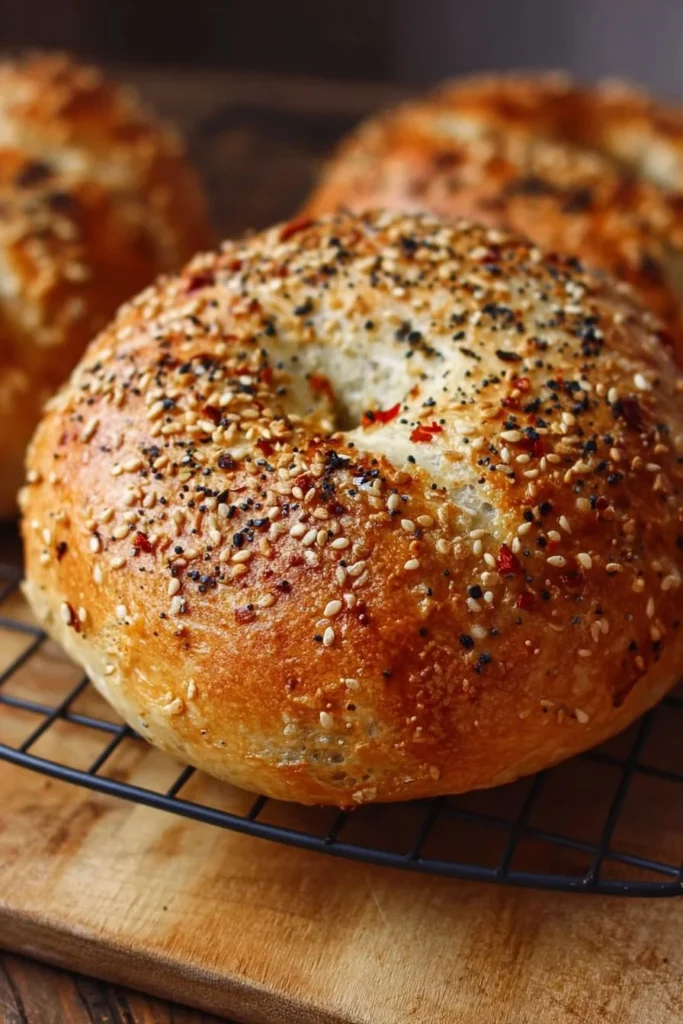 Homemade Everything Bagel Bread loaf with toppings of seeds and spices.