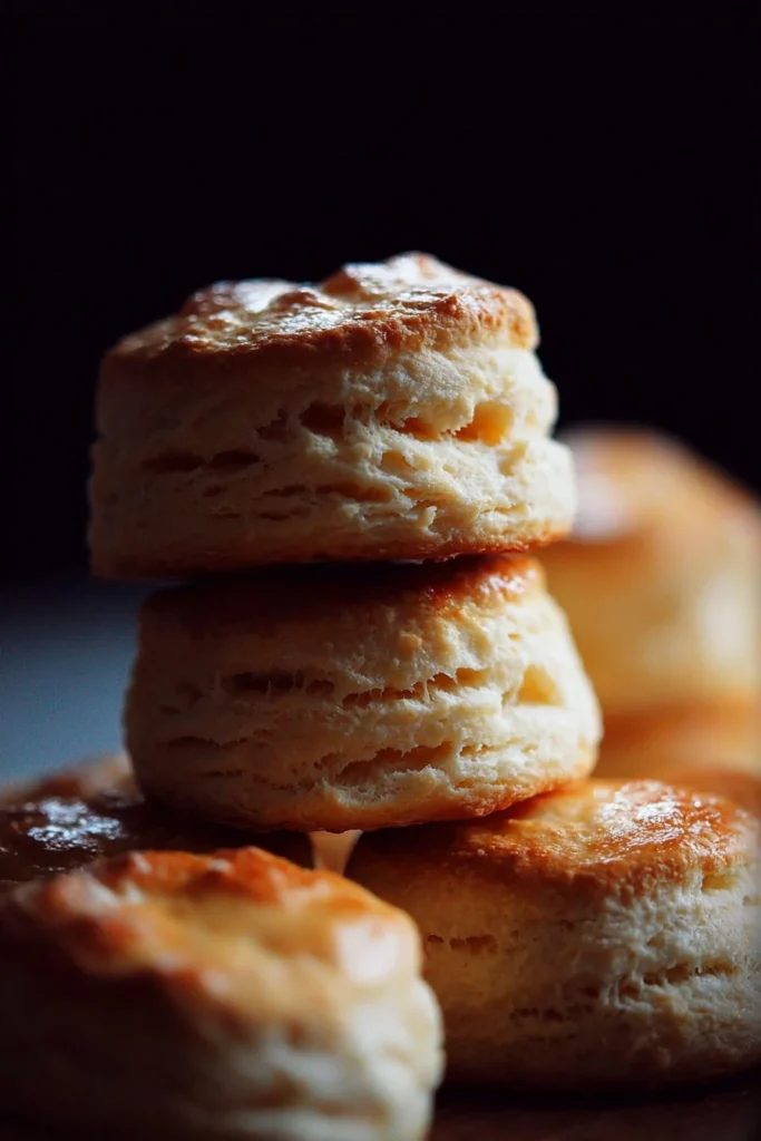 Freshly baked flaky biscuits golden brown on a baking sheet