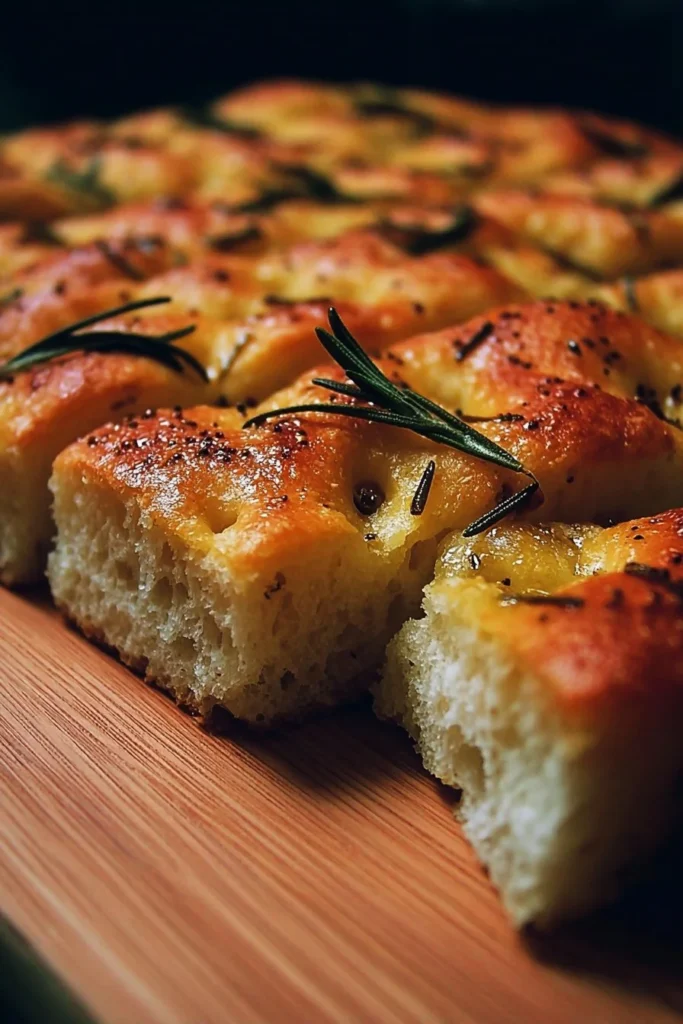 Freshly baked focaccia bread topped with herbs and olive oil