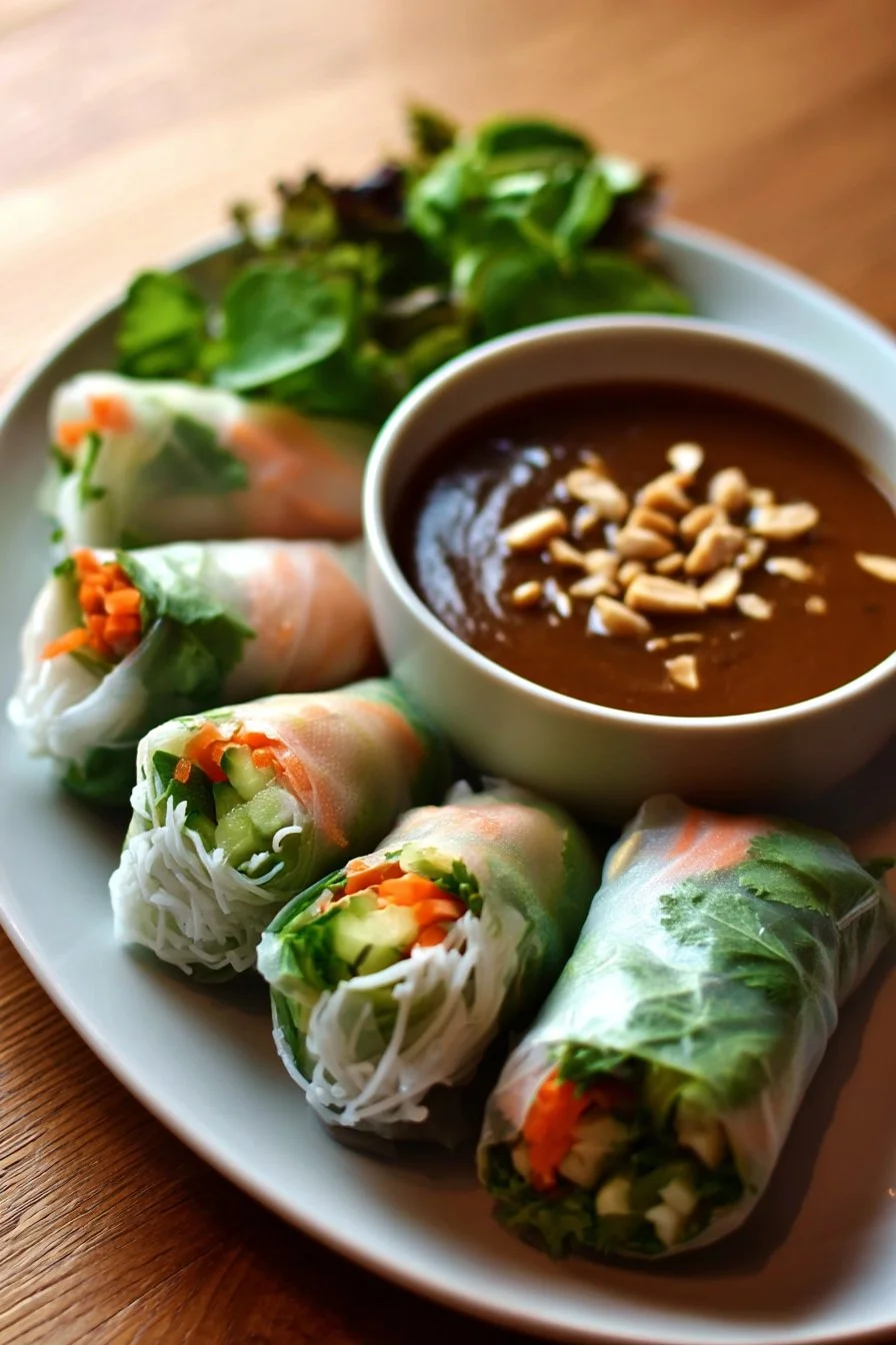 Fresh spring rolls with peanut sauce on a white plate