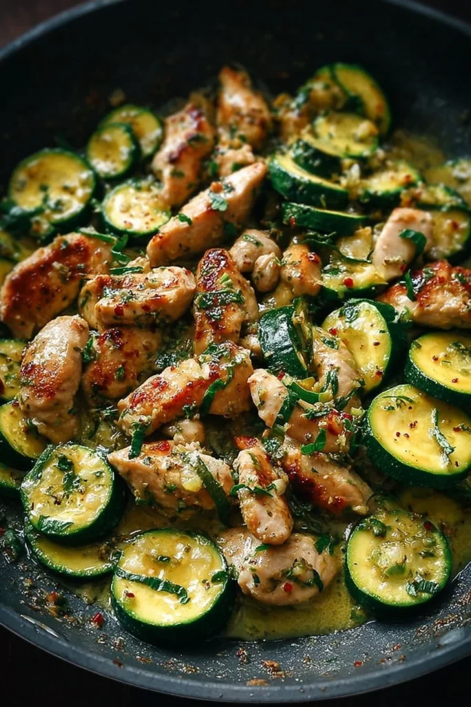 Garlic Butter Chicken with sautéed zucchini served on a plate