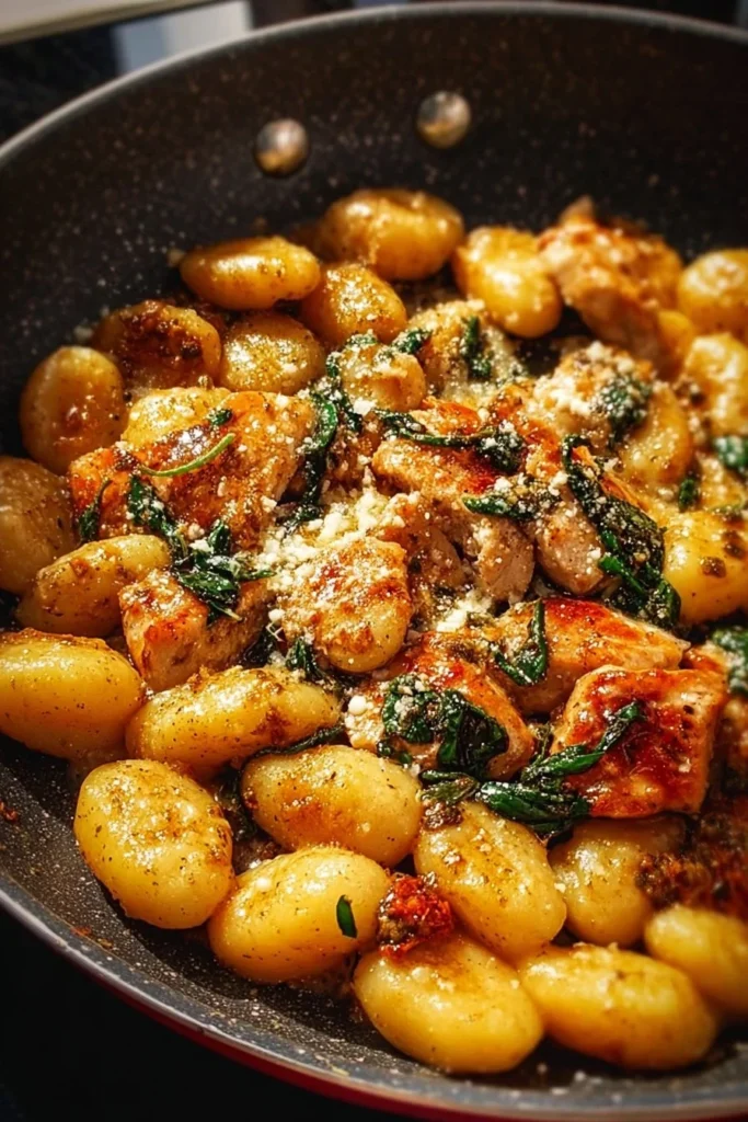 Garlic Chicken Gnocchi Skillet served in a frying pan, garnished with herbs.