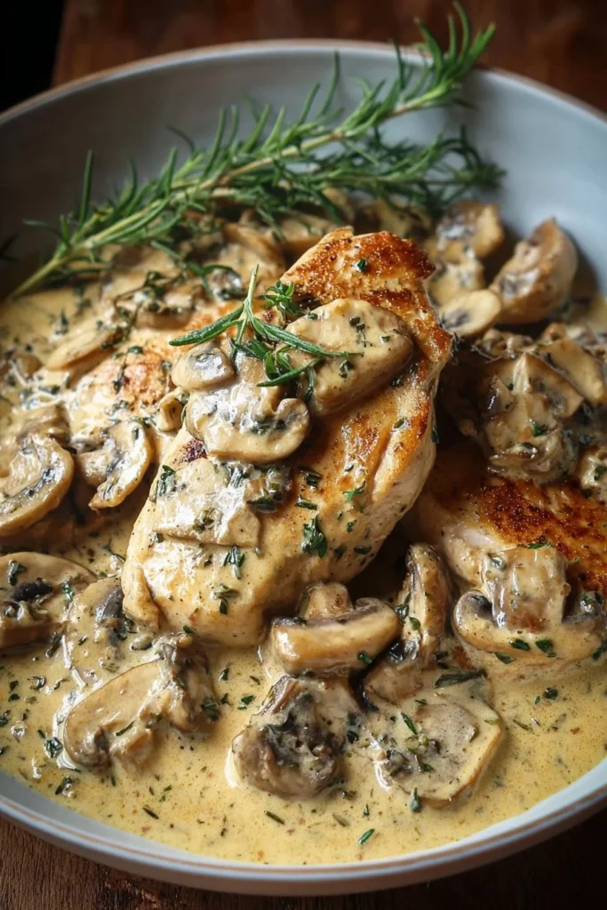 Delicious Garlic Cream Chicken with Mushrooms served on a plate