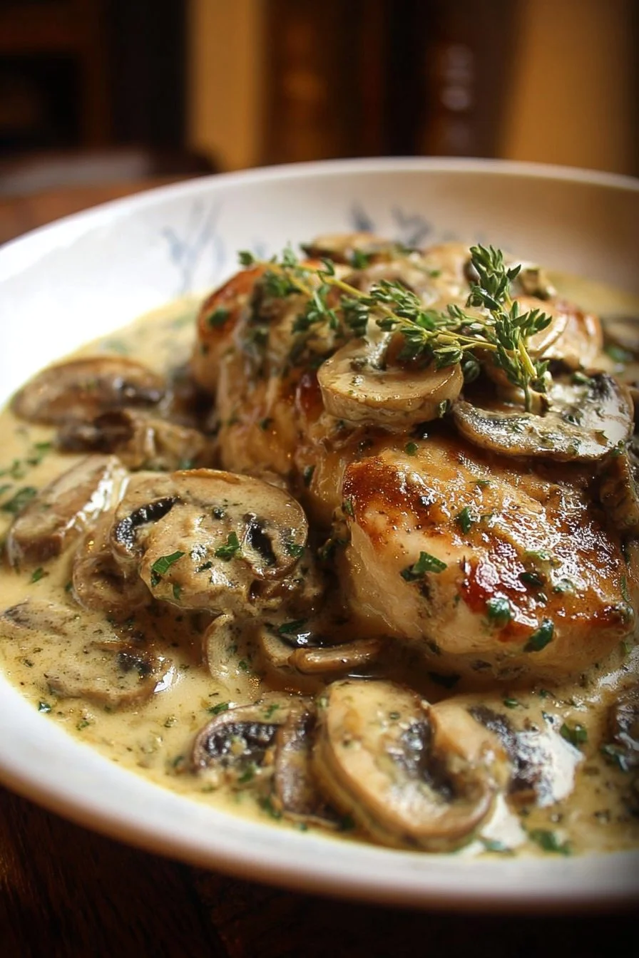 Creamy Garlic Chicken with Mushrooms served on a plate