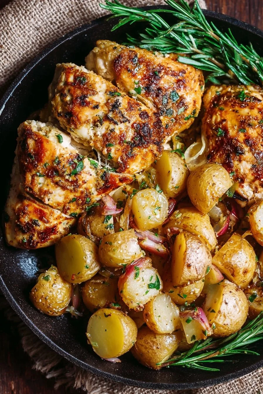 Roasted Garlic Parmesan Chicken with crispy potatoes on a platter