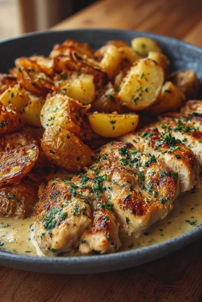 Garlic Parmesan Chicken and Potatoes served on a plate