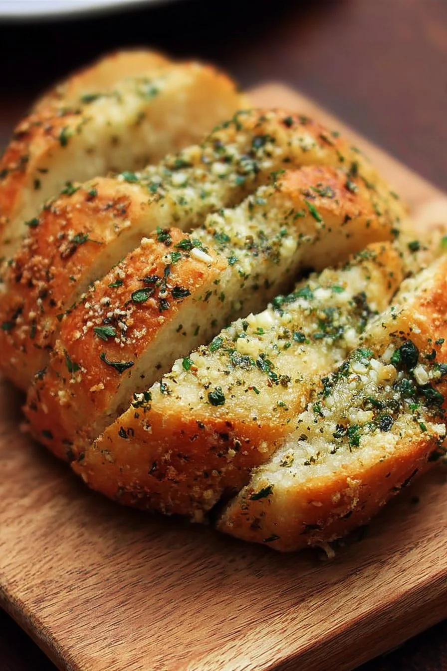 Freshly baked Garlic Parmesan Herb Bread garnished with herbs and cheese.