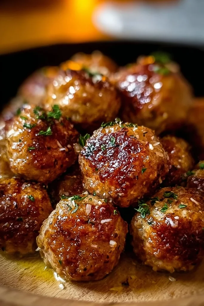 Plate of homemade Garlic Parmesan Meatballs garnished with parsley