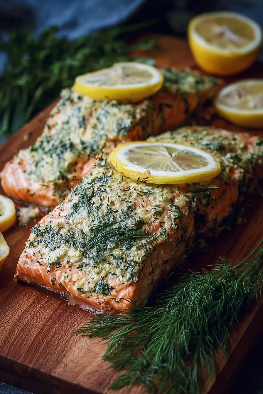 Garlicky Dill Baked Salmon garnished with fresh herbs on a plate