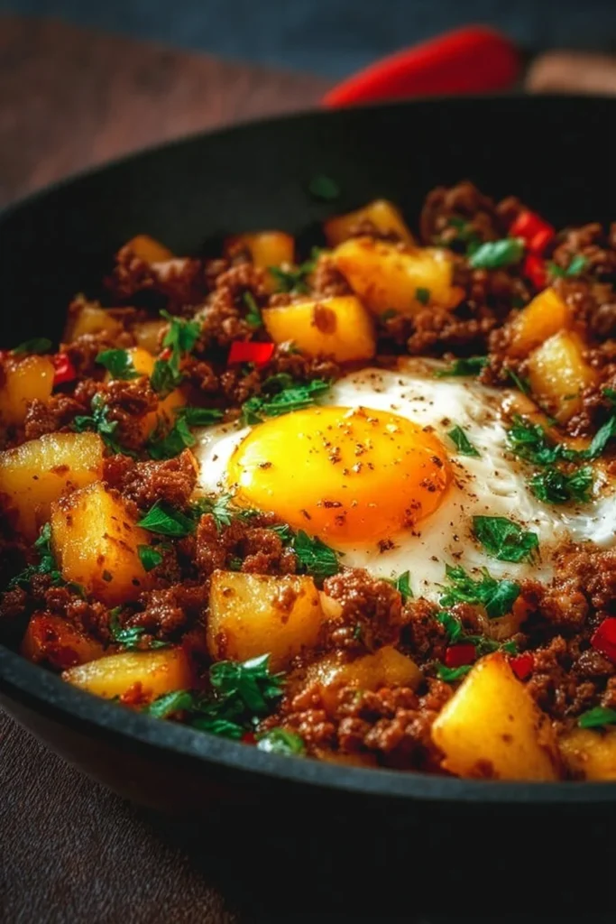 Delicious ground beef potato hash served in a bowl