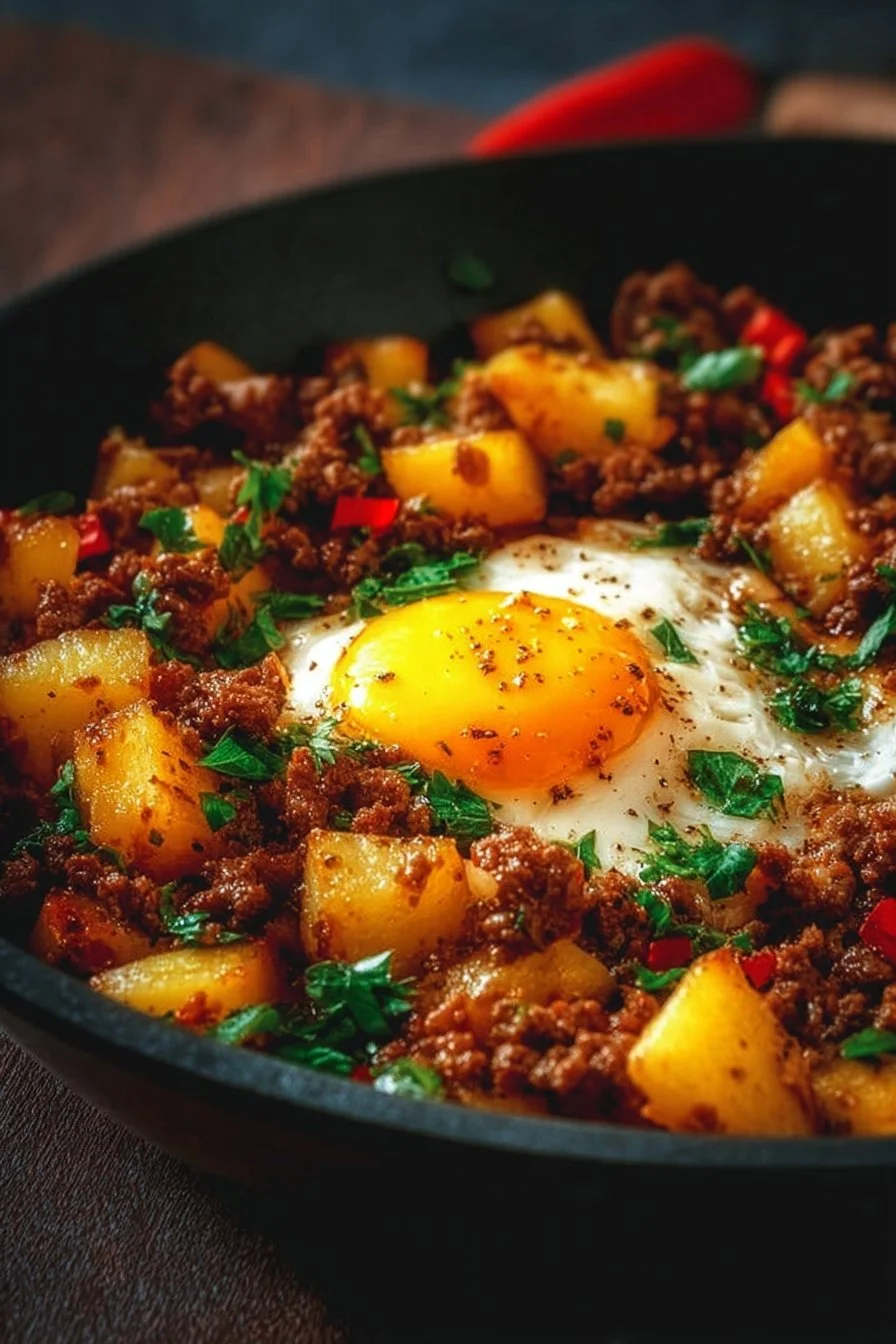 Delicious ground beef potato hash served in a bowl