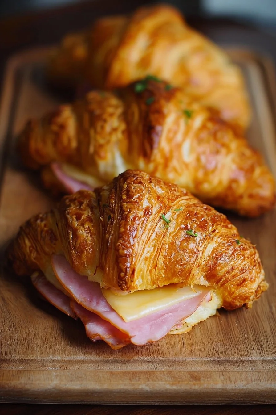 Freshly baked ham and cheese croissants on a kitchen countertop