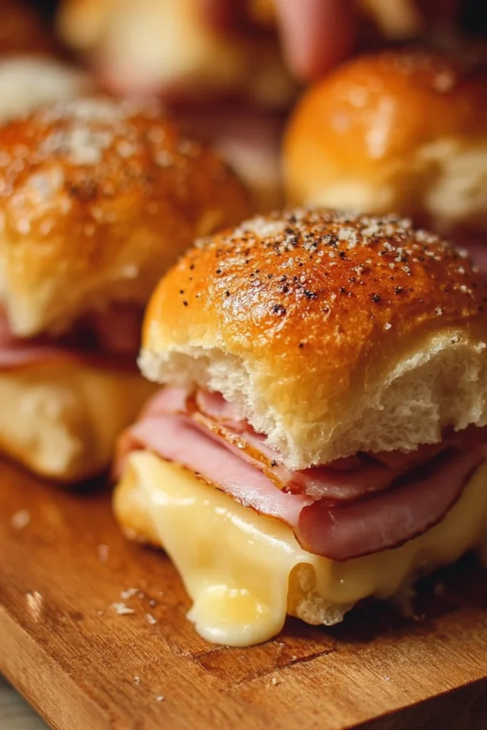 Delicious homemade ham and cheese sliders on a serving platter